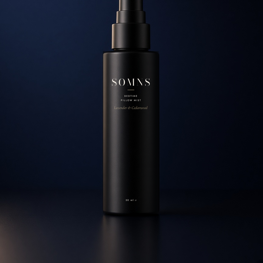 SOMNS Bedtime Pillow Mist 50 ml: a matte black bottle with a black fine-mist pump and fine cream lettering, on a dark navy background