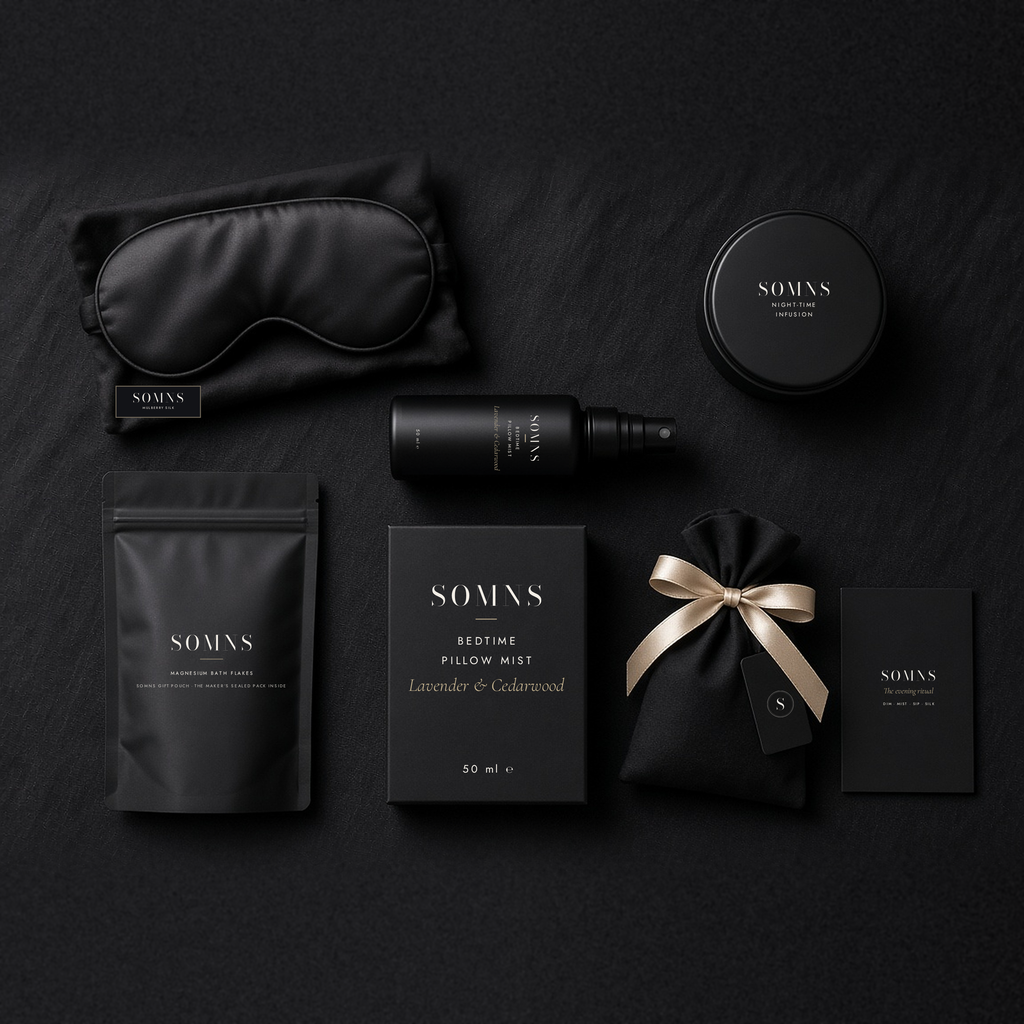 SOMNS Midnight Silk gift set flat-lay on black: Bedtime Pillow Mist 50 ml and black carton at the centre, with a black silk eye mask, night-time tea tin, bath flakes pouch, lavender sachet and ritual card