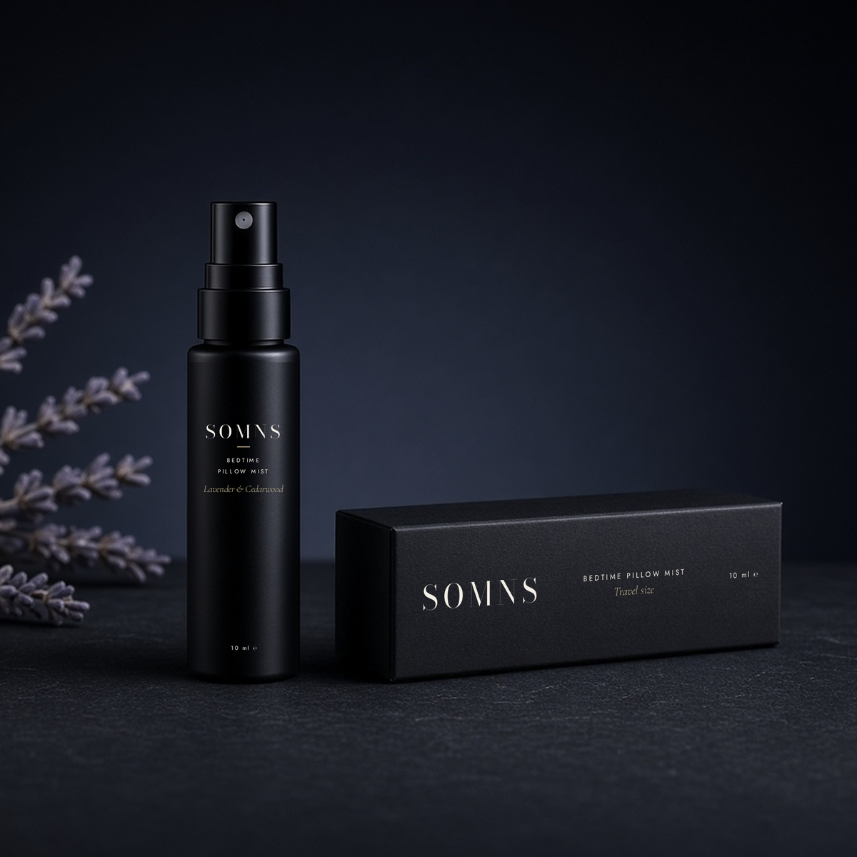 SOMNS Bedtime Pillow Mist 10 ml travel size in matte black with its slim black sleeve