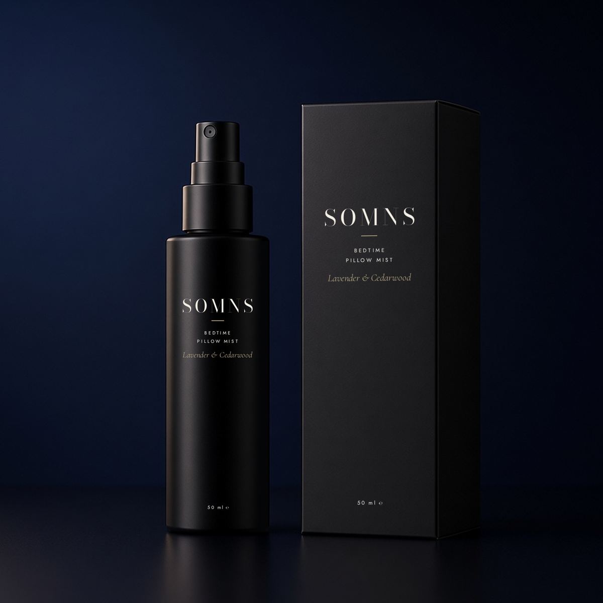 SOMNS Bedtime Pillow Mist 50 ml in matte black with a black fine-mist pump, beside its black carton