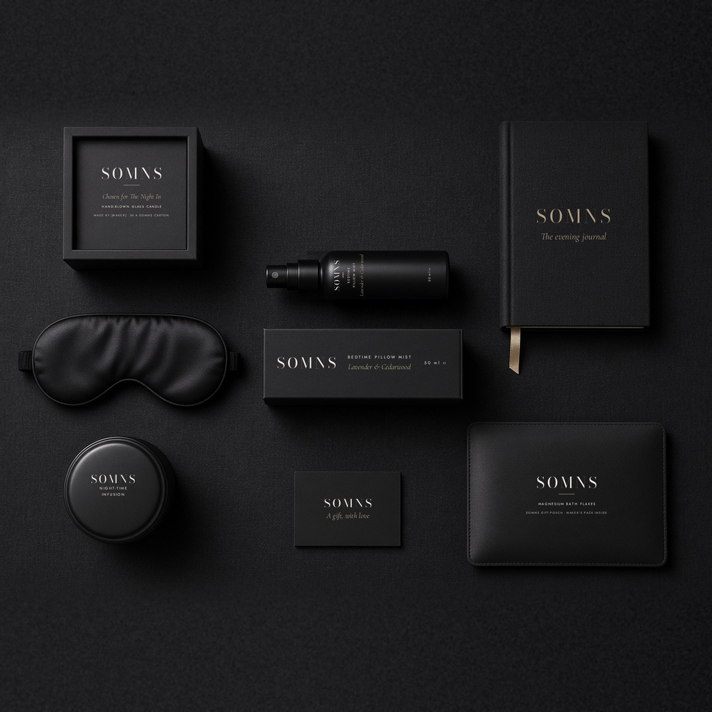 SOMNS The Night In gift set flat-lay on black: Bedtime Pillow Mist 50 ml and carton at the centre, with a glass candle in a black SOMNS box, silk eye mask, tea tin, bath flakes, evening journal and gift card